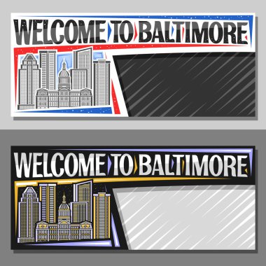 Baltimore için kopya alanı olan vektör planı, Baltimore şehir manzarasının gündüz ve alacakaranlık arkaplanının resmedildiği dekoratif bilet, Baltimore 'a hoş geldiniz yazılı sanat tasarımı turist kartı