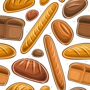 Şekilsiz Vektör Ekmeği, çeşitli ekmekler uçan resimli dekoratif arkaplan, düz buğday setiyle kare pankart ve beyaz zemin üzerinde çavdar doğal ekmeği