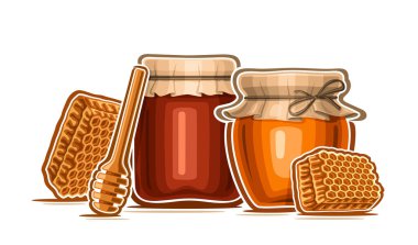 Bal için vektör illüstrasyonu, karikatür dizaynlı dekoratif ilan bal kompozisyonu rustik cam kavanozlar, kaplanmış kağıt kapak, çeşitli bal peteği parçaları ve beyaz arka planda ahşap bal kaplaması.