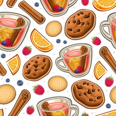 Vektör meyvesiz çay deseni, desensiz dekoratif arka plan kesilmiş çizimler uçan çay fincanı ve un atıştırmalıkları, düz pembe sağlıklı çay ve beyaz arka planda meyve dilimleri olan kare pankart.