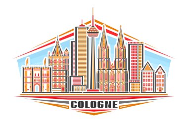 Köln 'ün vektör illüstrasyonu, doğrusal tasarımı olan yatay işaret gökyüzü arka planında ünlü tarihi kolonya şehri manzarası, metin kolonyası için eşsiz fırça harfleriyle Avrupa kentsel çizgisi sanat konsepti