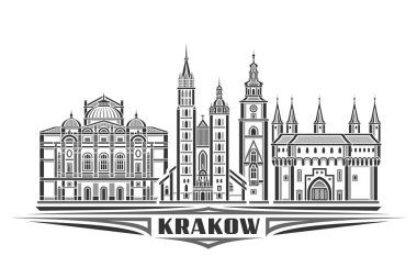 Krakow 'un vektör illüstrasyonu, lineer tasarım Krakow şehir manzaralı tek renkli yatay kart, beyaz arkaplanda siyah metin harfleri için dekoratif harf içeren Avrupa kentsel çizgi sanatı konsepti