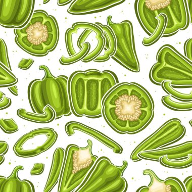 Vektör Yeşil Biber Şekilsiz, kare arkaplan uçan karikatür, tohumlu tatlı biberler, düz çizgili pankart beyaz arka planda yeşil çan biberlerinin yaşam bileşimi yatıyordu