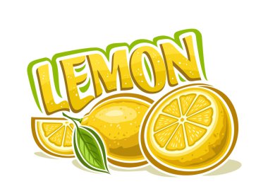 Lemon için vektör logosu, çizgi film tasarımlı yatay dekoratif poster sarı meyve kompozisyonu, doğranmış ferahlatıcı limon parçaları grubu ve beyaz arka planda yazı limonu için eşsiz fırça harfleri