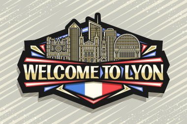 Lyon için vektör logosu, Lyon için siyah dekoratif etiket, gece gökyüzü arka planında ünlü panoramik lyon şehir manzarasının ayrıntılı tasviri, sanat tasarım buzdolabı mıknatısı, Lyon 'a hoş geldiniz