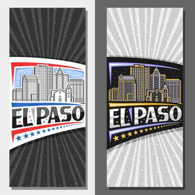 El Paso Şehri için vektör dikey yerleşim yerleri, gündüz ve gece gökyüzü arka planında ünlü Teksas kentsel manzarasının basit illüstrasyonuyla dekoratif broşür, el Paso yazılı sanat tasarımı turizm kartı
