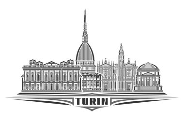 Torino 'nun vektör illüstrasyonu, doğrusal tasarımı olan tek renkli yatay kart ünlü Torino şehir manzarası, beyaz arkaplanda koyu renkli metin Torino için dekoratif harflerle dekoratif şehir çizgisi sanat konsepti