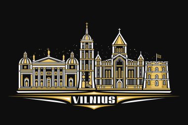 Vilnius 'un vektör illüstrasyonu, karanlık yatay kart lineer tasarım vilnius şehir manzarası gece yıldızlı gökyüzü arkaplanı, Avrupa kentsel çizgisi sanat konsepti metin vilnius için eşsiz harflerle