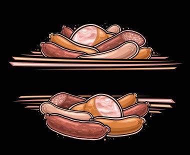 Reklam metni için fotokopi alanı olan vektör sosis sınırı, farklı et sosisi bileşimine sahip dekoratif çerçeve boş kopyalanmış, ana hatlı çizim çizim grubuyla yerleşim ev yapımı sosisler