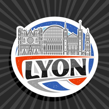 Lyon için vektör logosu, dekoratif kesim kağıt etiket ile ünlü lyon şehir manzarasının ayrıntılı çizimi gökyüzü arka planında, sanat tasarımı buzdolabı mıknatısı siyah metin Lyon için eşsiz fırça harfleri