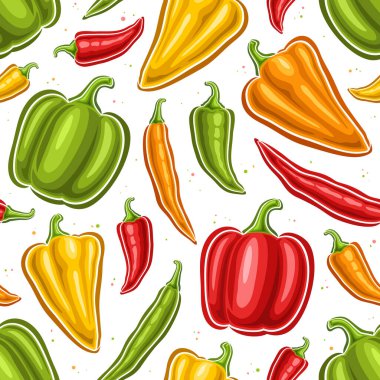 Vektör Renkli Karabibersiz Desen, kare arkaplan, uçan tatlı ve baharatlı karikatür Thai biberleri, düz renk çeşitlilikte beyaz arka planda bütün dolma biberler serili bir pankart.