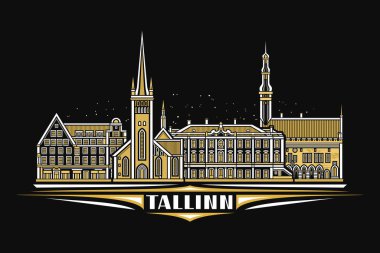 Tallinn 'in vektör illüstrasyonu, gece yıldızlı gökyüzü arkaplanı üzerinde doğrusal tasarım Tallinn şehir manzaralı karanlık yatay kart, Tallinn için eşsiz harflerle tarihsel şehir çizgisi sanat kavramı