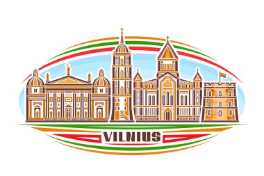 Vilnius 'un vektör illüstrasyonu, doğrusal tasarım ile yatay dekoratif işaret gökyüzü arka planında ünlü vilnius şehir manzarası, metin vilnius için eşsiz harflerle tarihsel şehir çizgisi sanat kavramı