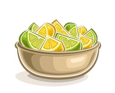 Vector Lemon ve Lime Bowl, çizgi film tasarımlı yatay dekoratif poster, doğranmış limon natürmortu, beyaz arka planda üçgen kireç ve limon parçalarının ana hatları.