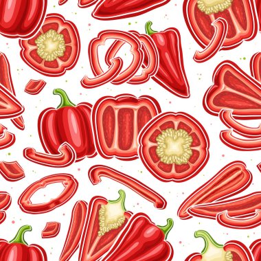 Vektör Kırmızı Biber Şekilsiz, kare arkaplan uçan karikatür tohumlu tatlı biberler, düz şerit parçalı pankart ve beyaz zemin üzerinde kırmızı çan biberleri kesiti