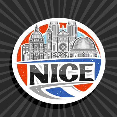 Nice için vektör logosu, dekoratif kesim kağıt etiket ile ünlü güzel şehir manzarasının detaylı çizimi gökyüzü arkaplanı, sanat tasarımı buzdolabı mıknatısı siyah metin için eşsiz fırça harfleri güzel