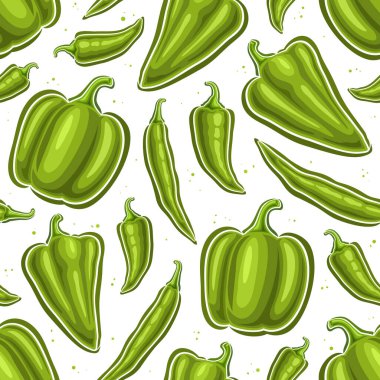 Vector Green Pepper Seamless Pattern, decorative background with variety flying sweet and spicy cartoon peppers, square poster with group of flat lay different green bell peppers on white background clipart