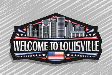 Louisville için vektör logosu, Louisville kentsel şehir manzarasının çizgili çizgisi gece gökyüzü arkaplanı, Louisville 'e hoş geldiniz diyen sanat tasarımı buzdolabı mıknatısı