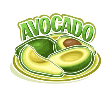 Avokado için vektör logosu, yeşil avokado kompozisyonu ile yatay dekoratif poster, sarı tabakta doğranmış sebzeler grubu ve beyaz arkaplanda yeşil metin avokadosu için eşsiz fırça harfleri
