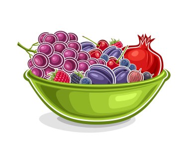 Vector Berry Dish, karikatür tasarımı ile yatay poster sulu böğürtlen kompozisyonu, beyaz arka planda yeşil böğürtlen grubuyla dekoratif pankart