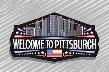Pittsburgh için vektör logosu, Pittsburgh şehrinin gece gökyüzü arka planında detaylı çizimi olan siyah dekoratif tabela, Pittsburgh 'a hoş geldiniz diyen sanat tasarımı buzdolabı mıknatısı