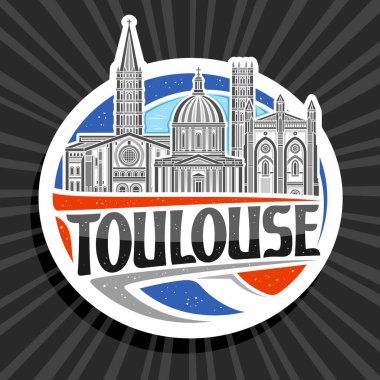 Toulouse için vektör logosu, Toulouse şehir manzarasının özet çizimi ile dekoratif kesilmiş kağıt etiket gökyüzü arka planında, sanat tasarımı buzdolabı mıknatısı siyah metin toulouse için eşsiz harflerle