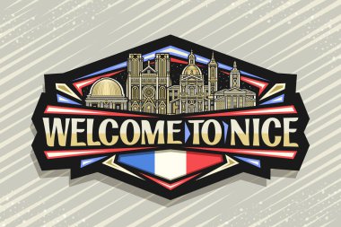 Hoş, siyah dekoratif tabela için vektör logosu. Gece gökyüzü arka planında Avrupa tarihi güzel şehir manzarasının detaylı çizimi. Sanat tasarımı buzdolabı mıknatısı.