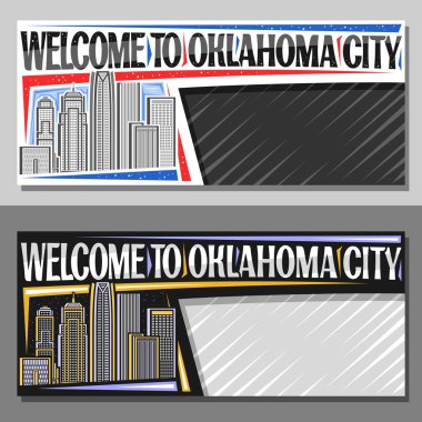 Oklahoma City için fotokopi alanı olan vektör yerleşimi, Oklahoma şehir manzarasının gün ve alacakaranlık gökyüzü arkaplanı resimli dekoratif bilet, Oklahoma City 'ye hoş geldiniz diyen sanat tasarım turist kartı