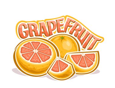 Greyfurt için vektör logosu, olgun taze greyfurt kompozisyonu ile yatay dekoratif poster, doğranmış gül meyveli parçalar grubu ve beyaz arkaplanda metin greyfurtu için eşsiz harfler