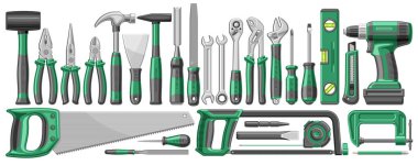 Marangoz Aletleri 'nin vektör seti, kesilen resimlerden oluşan bir grup yatay afiş çeşitli lastik ve çelik marangoz araçları, beyaz arka plandaki marangoz dükkanı için çeşitli enstrümanların koleksiyonu