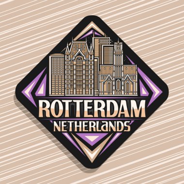 Rotterdam için vektör logosu, Alacakaranlık Rotterdam şehir manzarasının resmedildiği koyu dekoratif rhomb yol tabelası, Rotterdam, Hollanda için eşsiz fırça harfleri olan sanat tasarımı buzdolabı mıknatısı.