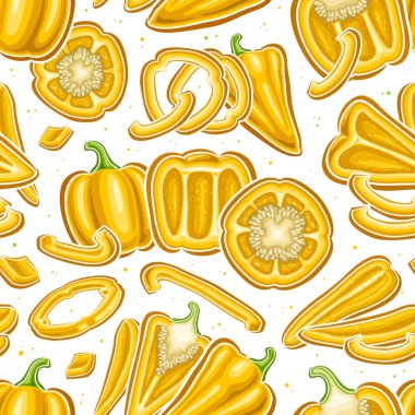 Vector Yellow Pepper Desensiz Desen, dekoratif arka plan çeşitli uçuşan tohumlu tatlı biber, durgun yaşam içerikli grup sarı dolma biber içeren kare pankart beyaz arka planda