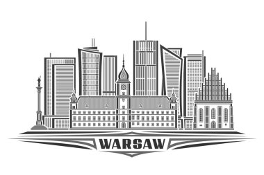 Varşova 'nın vektör illüstrasyonu, doğrusal tasarımı olan tek renkli yatay kart, eski Varşova şehir manzarası, Avrupa kentsel çizgi sanat konsepti, beyaz arkaplandaki karanlık metin yazıları için dekoratif harfler.