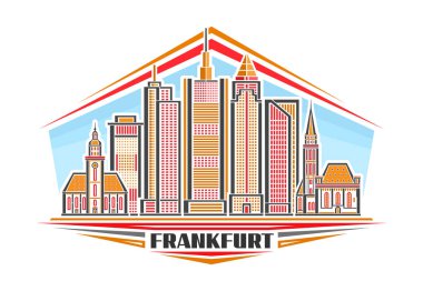 Frankfurt 'un vektör illüstrasyonu, doğrusal tasarımı olan yatay işaret gündüz gökyüzü arka planında ünlü Frankfurt şehri manzarası, Frankfurt metni için eşsiz fırça harfleriyle Avrupa kentsel hat sanat kavramı