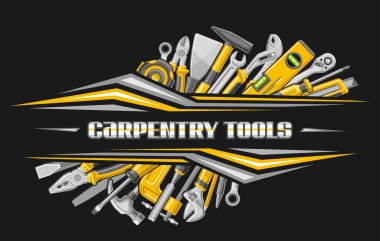 Reklam için kopyalama alanı olan Marangozluk Araçları için Vektör Sınırı, el sanatları mağazası için çeşitli turuncu marangozluk ürünleri resimli dekoratif pankart, koyu renkli marangozluk araçları ile tanıtım kartı