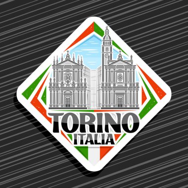Torino için vektör logosu, beyaz eşkenar dörtgen yol işareti Torino 'da gökyüzü arka planında ünlü ikiz kiliselerin çizgi çizimi, dekoratif buzdolabı mıknatısı siyah torino, italia