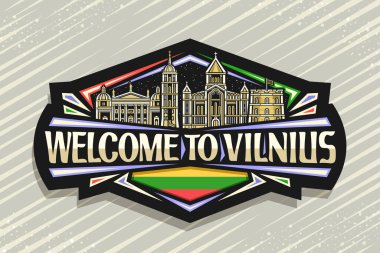 Vilnius için vektör logosu, gece gökyüzü arka planında Avrupa 'nın ünlü vilnius şehrinin detaylı resimleriyle dekoratif işaret levhası, çizgili sanat tasarımı buzdolabı mıknatısı Vilnius' a hoş geldiniz