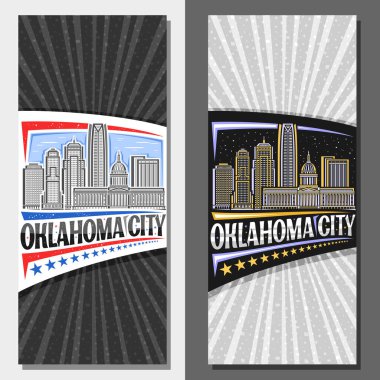 Oklahoma City için vektör dikey yerleşim planı, Amerikan Oklahoma şehir manzarasının gün ve alacakaranlık gökyüzü arkaplanı, Oklahoma City kelimeleriyle dekoratif broşürü, sanat tasarımı turizm kartı