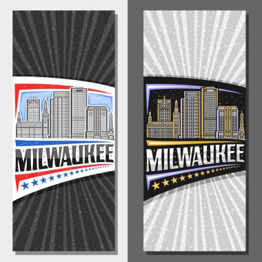 Milwaukee için vektör dikey planlar, Milwaukee şehir manzarasının gün ve alacakaranlık arkaplanının çizimleriyle dekoratif bilet, Milwaukee kelimesinin eşsiz harfleriyle sanat tasarımı turist kartı.