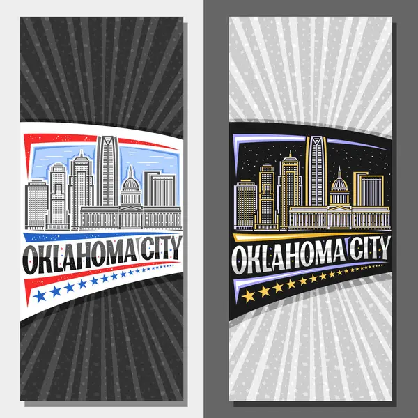 Oklahoma City için vektör dikey yerleşim planı, Amerikan Oklahoma şehir manzarasının gün ve alacakaranlık gökyüzü arkaplanı, Oklahoma City kelimeleriyle dekoratif broşürü, sanat tasarımı turizm kartı
