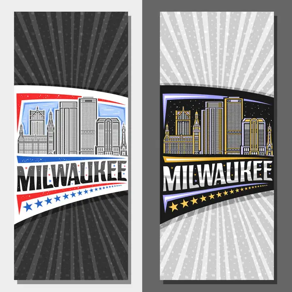 Milwaukee için vektör dikey planlar, Milwaukee şehir manzarasının gün ve alacakaranlık arkaplanının çizimleriyle dekoratif bilet, Milwaukee kelimesinin eşsiz harfleriyle sanat tasarımı turist kartı.