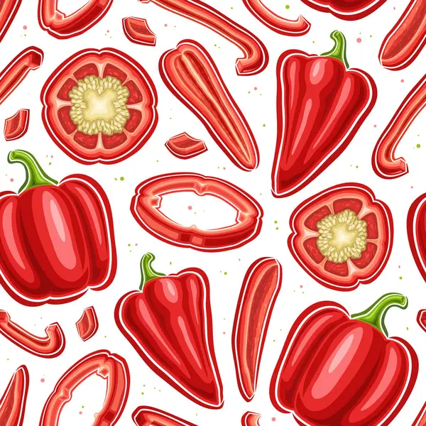 Vektör Kırmızı Biber Şekilsiz, kare arkaplan çeşitli uçan karikatür tatlı biberler ambalaj kâğıdı için, bir grup düz yatar ve beyaz arka planda kırmızı dolma biberleri soyar