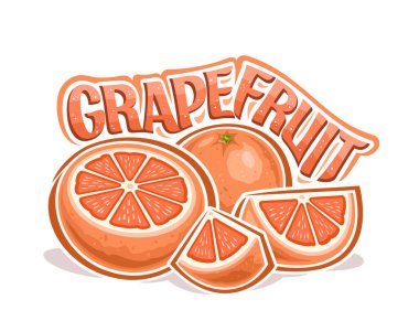 Pembe Greyfurt için vektör logosu, ferahlatıcı greyfurt kompozisyonu ile yatay dekoratif poster, doğranmış pembe meyvemsi parçalar grubu ve beyaz arka planda metin greyfurtu için eşsiz harfler