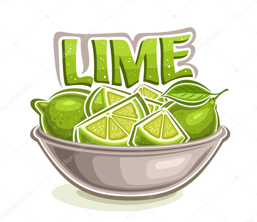 Vector logo for Lime, decorative poster with cartoon design lime composition, group of chopped triangle parts and whole fruits on dish, unique brush lettering for green word lime on white background