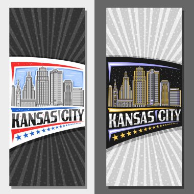 Kansas City için vektör dikey yerleşim planı, gece ve gündüz şehir manzarasının basit bir illüstrasyonuyla dekoratif broşür Kansas şehrinin sözleriyle birlikte sanat tasarımı turist kartı.