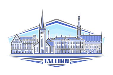 Tallinn 'in vektör illüstrasyonu, doğrusal tasarım ile yatay dekoratif işaret gündüz gökyüzü arka planında ünlü tallinn şehir manzarası, panoramik şehir çizgisi sanat konsepti metin tallinn için eşsiz harflerle