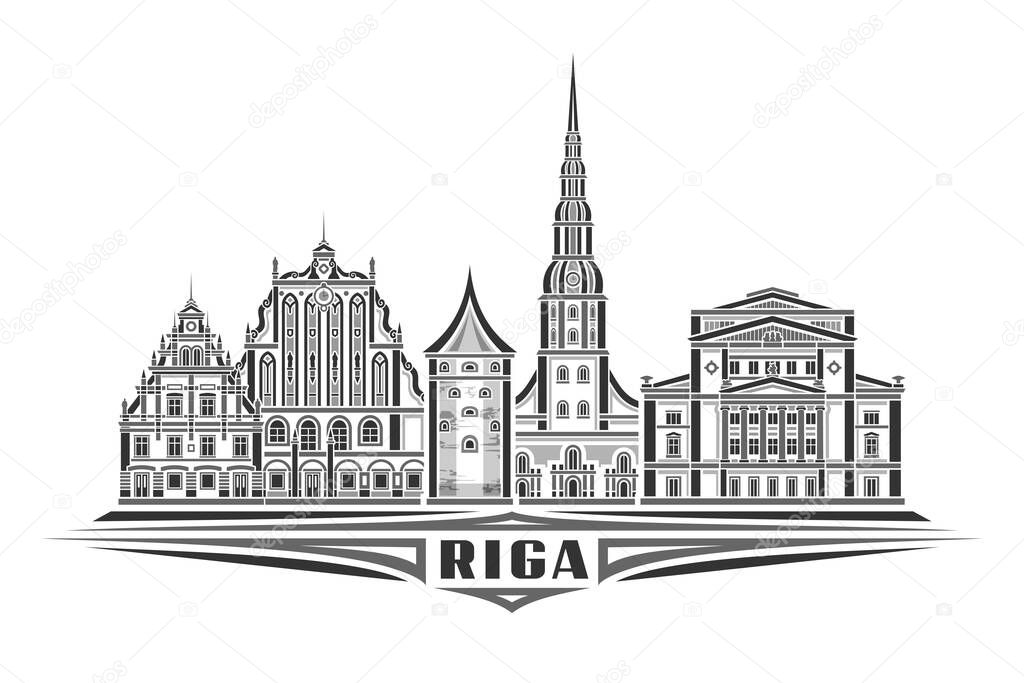 Vector illustration of Riga, monochrome horizontal card with linear design famous riga city scape, historical urban line art concept with decorative lettering for dark text riga on white background