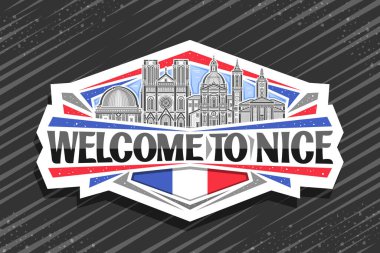 Nice için vektör logosu, dekoratif kesim kağıt rozeti, ünlü tarihi güzel şehir manzarasının detaylı çizimi gökyüzü arka planında, sanat tasarımı buzdolabı mıknatısı siyah kelimelerle hoş geldiniz