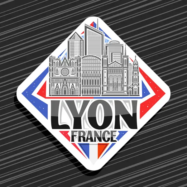 Lyon için vektör logosu, beyaz dekoratif rhomb yol tabelası ünlü Lyon şehir manzarasının detaylı çizimi, sanat tasarımı buzdolabı mıknatısı siyah kelimeler için eşsiz fırça harfleri Lyon, Fransa