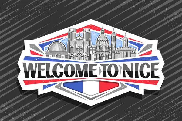 Nice için vektör logosu, dekoratif kesim kağıt rozeti, ünlü tarihi güzel şehir manzarasının detaylı çizimi gökyüzü arka planında, sanat tasarımı buzdolabı mıknatısı siyah kelimelerle hoş geldiniz
